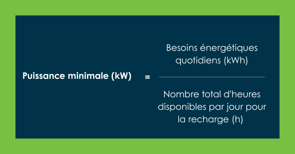​​￼​Puissance minimale (kW) = Besoins énergétiques quotidiens (kWh) ÷ Nombre total d'heures disponibles par jour pour la recharge (h) 
